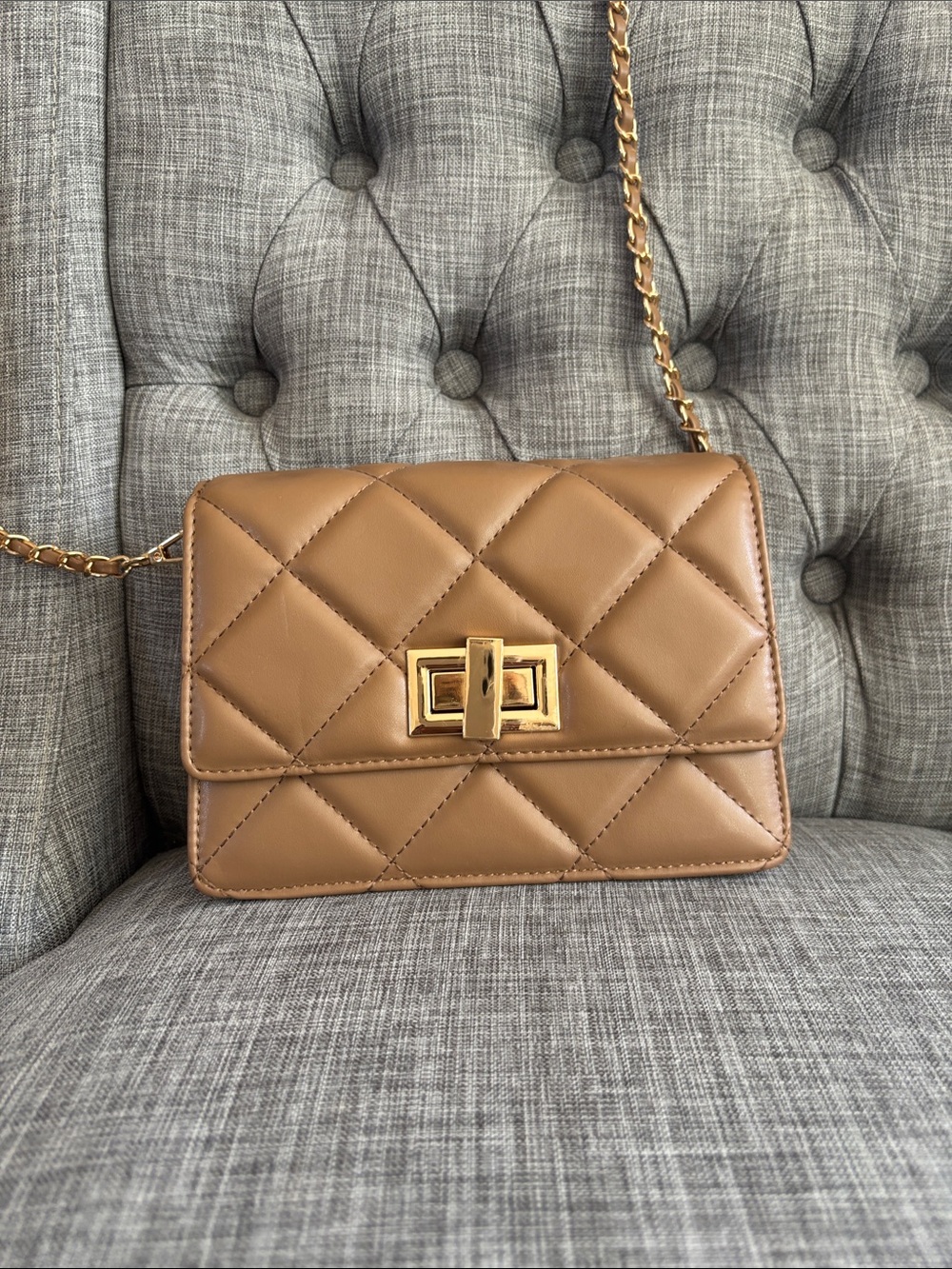Quilted Tan Leather Crossbody Bag with Gold Chain